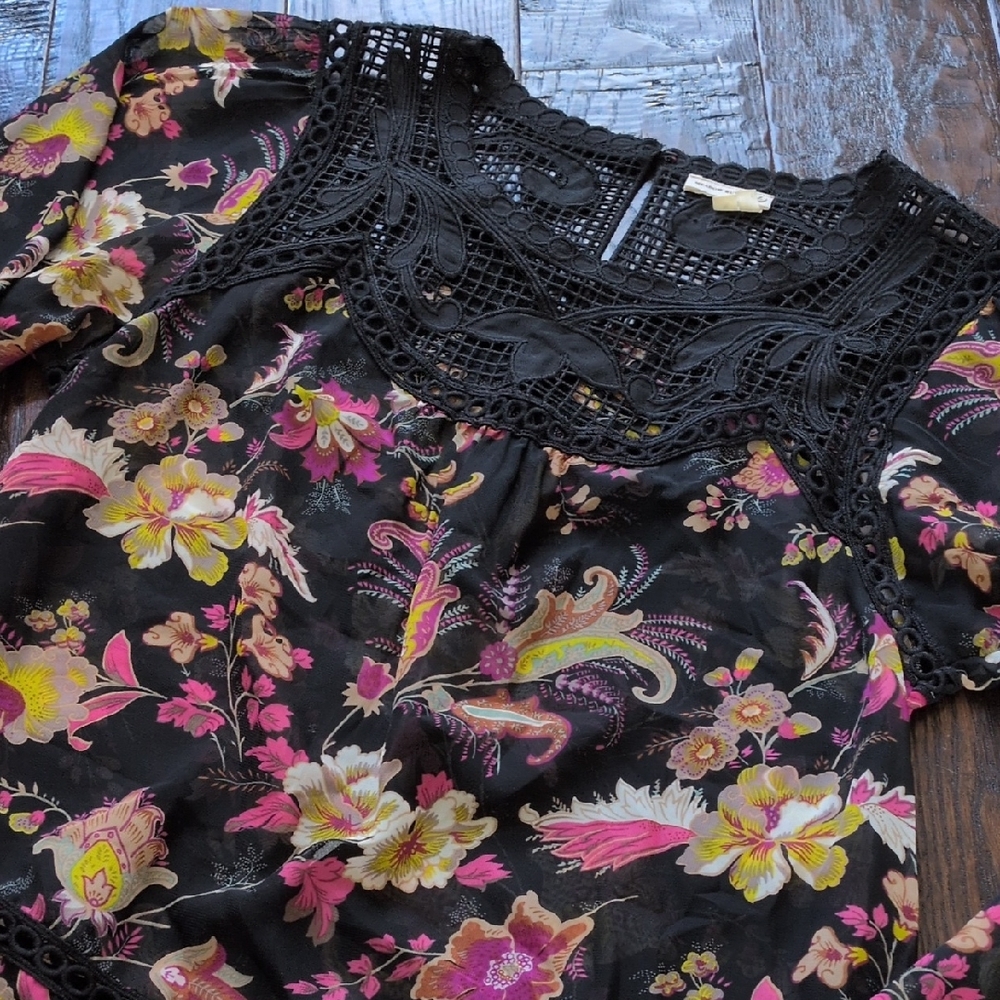 ANTHRO I Window Garden Lace Floral Flowy Sheer Blouse Top Shirt by Meadow Rue, M